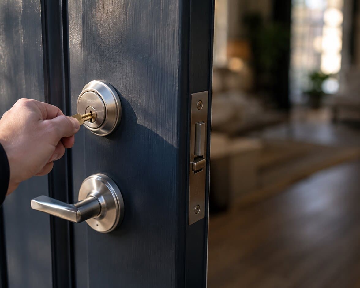 Hand turning a key in a deadbolt on a New York City apartment door