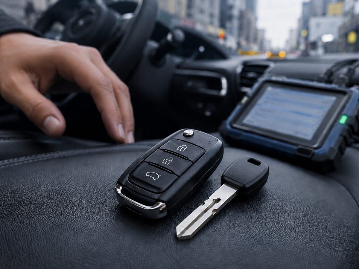 Car key fob and transponder key with a key-programming tool inside a car